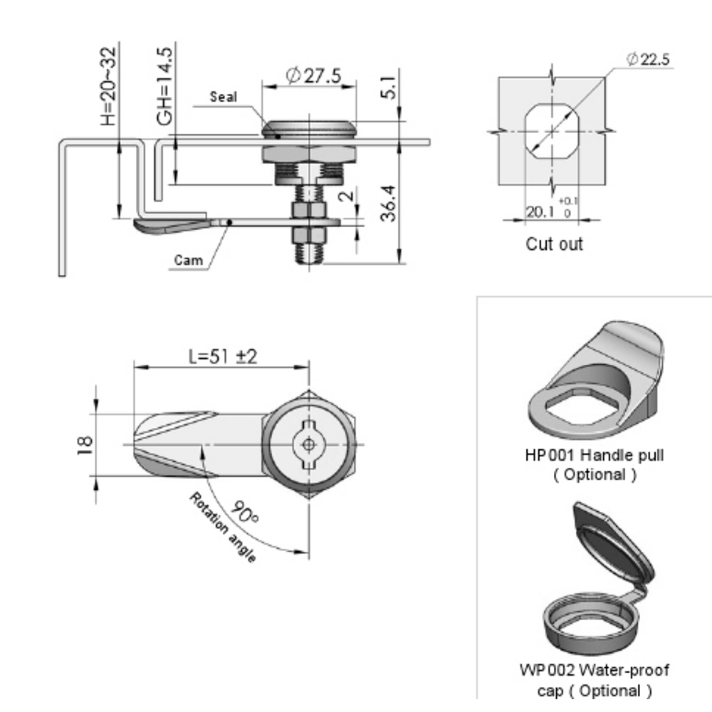 MS721 Industrial Cam Lock, Zinc Alloy Base, 90° Turn Lock