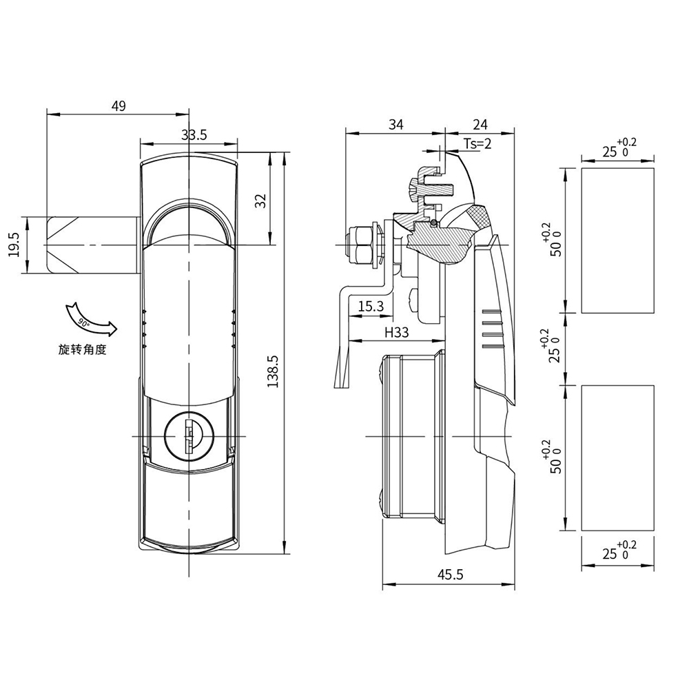 BT3137 PA Latch with Waterproof Cover - Black Sand Texture, for Door Thickness 1~2mm