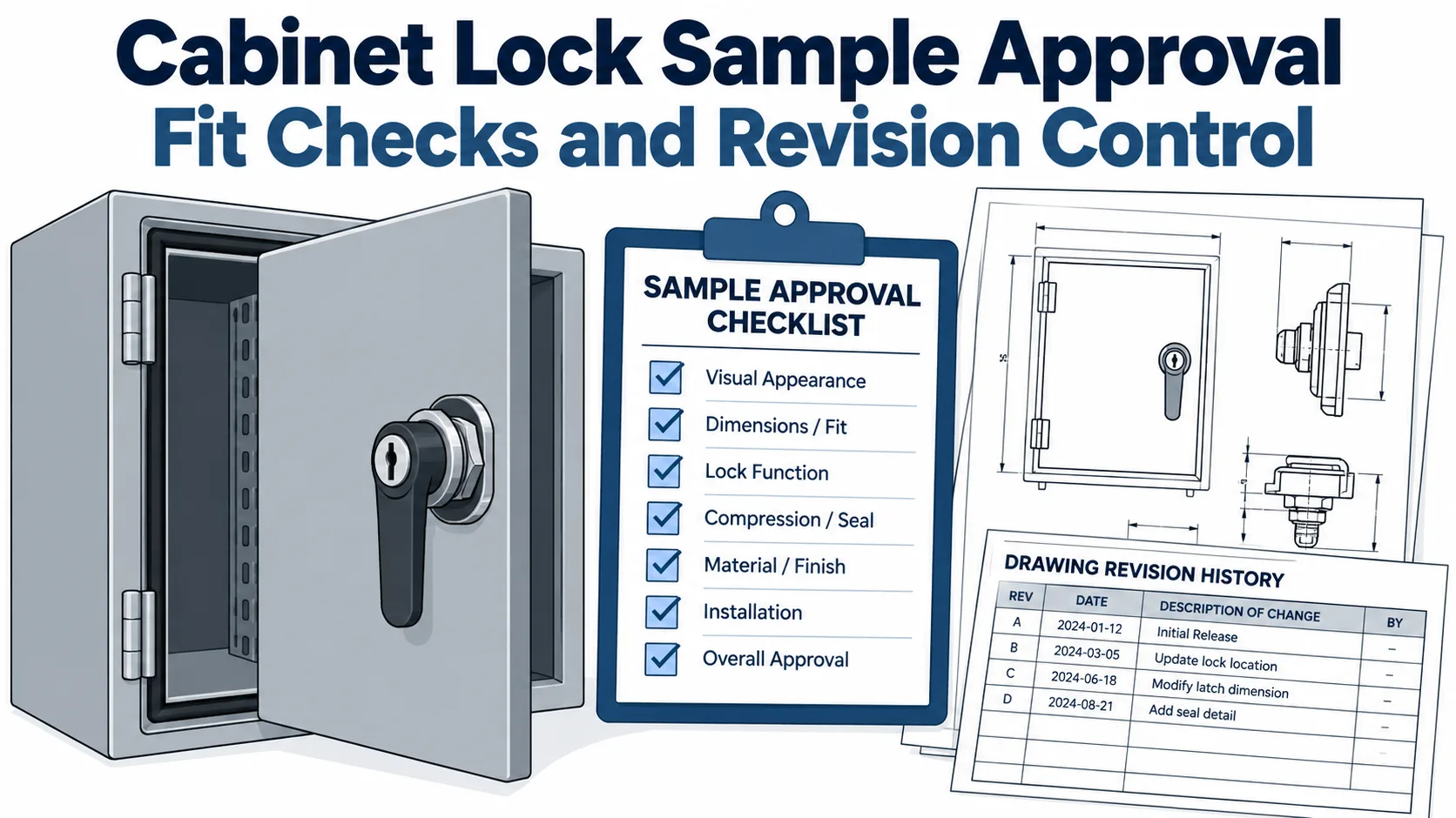 Illustration of cabinet lock sample approval and drawing revision control