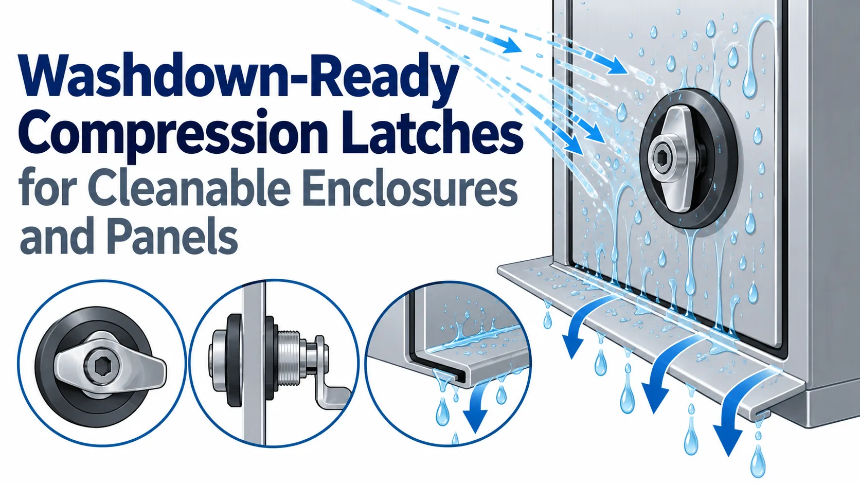 Concept illustration of washdown-ready compression latch selection for cleanable enclosures